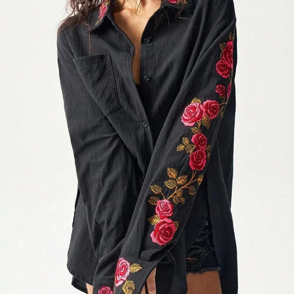 Black Casual Women's Loose Woven Asymmetrical Hem Long Sleeve Long Shirt - Picture 7 of 7